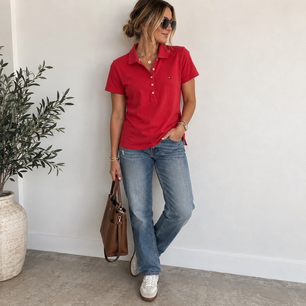 Tommy Hilfiger Cotton Pique Polo Women L Red/ Coral Short Sleeve Slim Fit Preppy